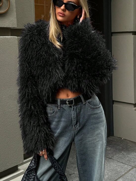 Jackets & Blazers - Black Casual Women's Sexy Short Faux Fur teddy Coat jacket